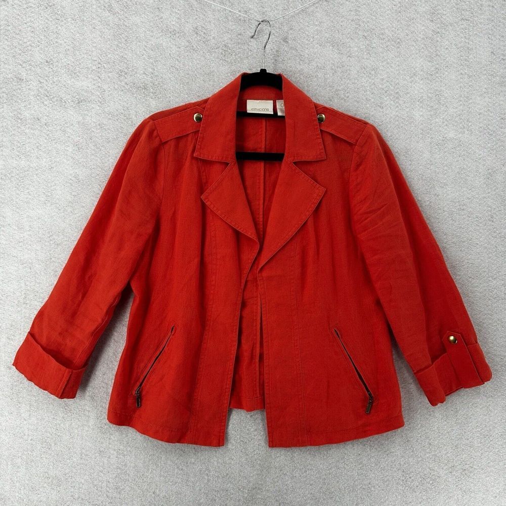 Chicos 100% Linen Moto Blazer Jacket Womens SMALL Long‎ Roll Tab Sleeve CORAL